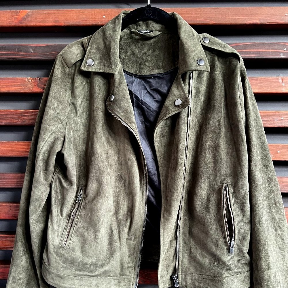Faux Suede Moto Jacket, Dark Olive, Size M